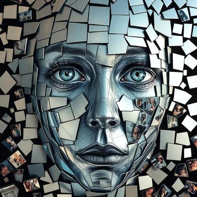 The primary subject of the image is a close-up of a face, which is made up of various pieces of mirrors. The face is surrounded by a collage of mirrors, creating a unique and artistic visual effect. The setting appears to be indoors, with the mirrors arranged in a way that highlights the face. The visual style of the image is a combination of digital art and illustration, as the mirrors are arranged in a way that resembles a mosaic or a collage. The colors